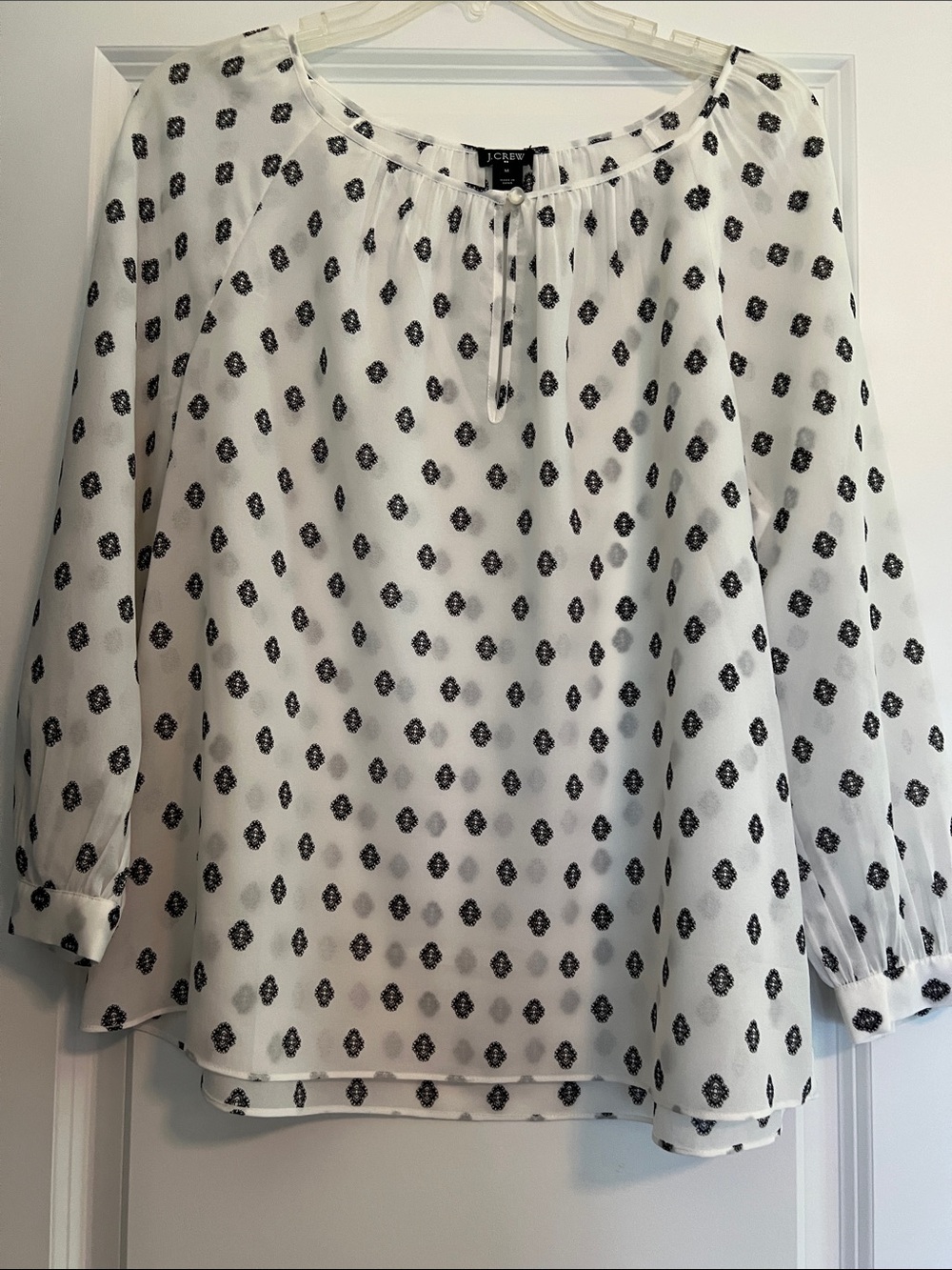 J. Crew Sheer White Peasant Blouse with Black Dot Print